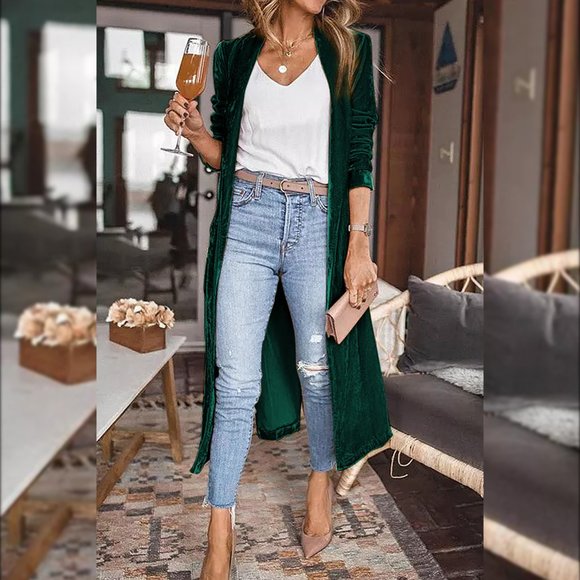 Sweaters - Green Velvet Open Front Pocketed Long Duster